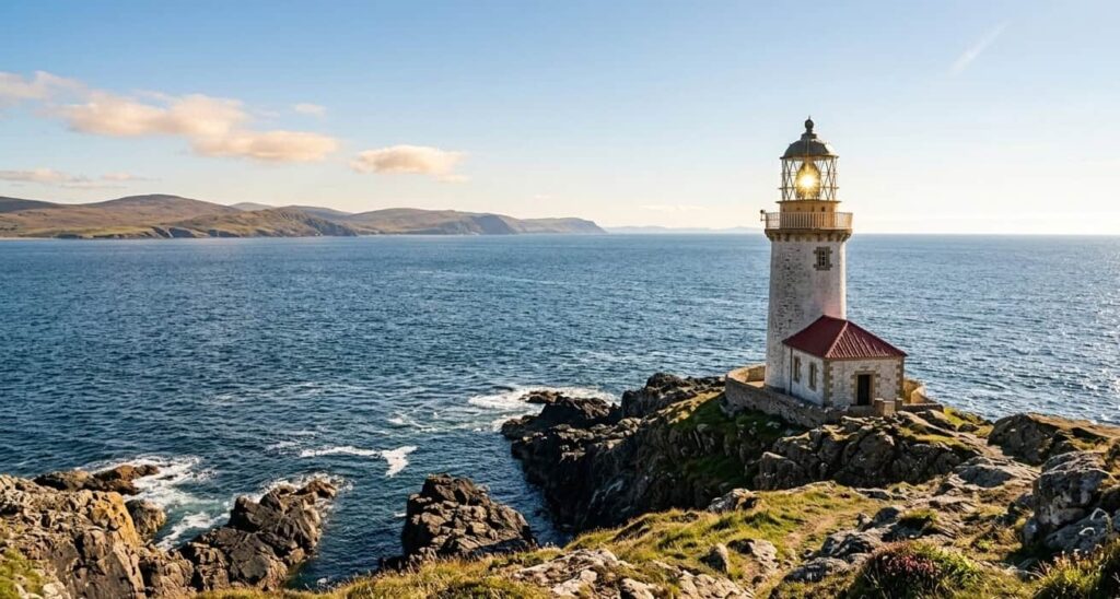 White lighthouse on coastal rocks with sunlight catching the lantern glass - representing reach, visibility and being found in AI search and digital channels