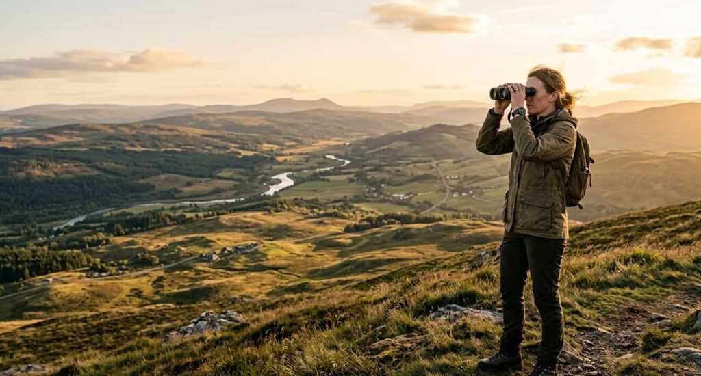 Person holding binoculars looking out over a rolling landscape in evening light - representing actively seeking out the right customers through Google Ads management