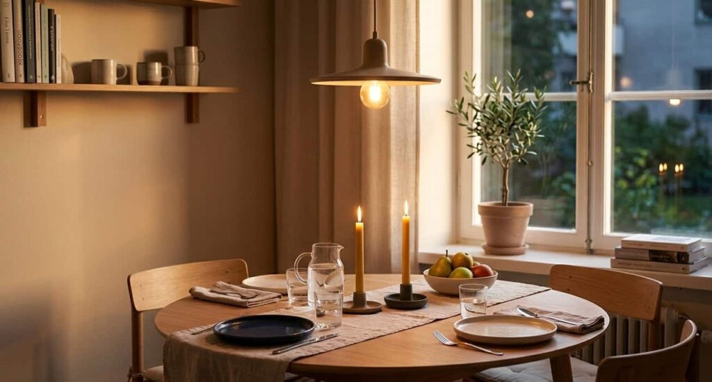 Small round dining table set with plates, candles and fruit in a warm Scandinavian kitchen - representing reliable and always-available web hosting that's always there for you