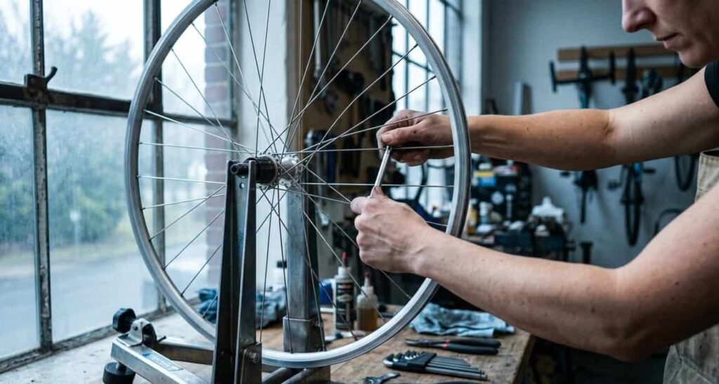 Mechanic working on a bicycle wheel on a stand in a workshop - representing reliable WordPress maintenance and regular updates