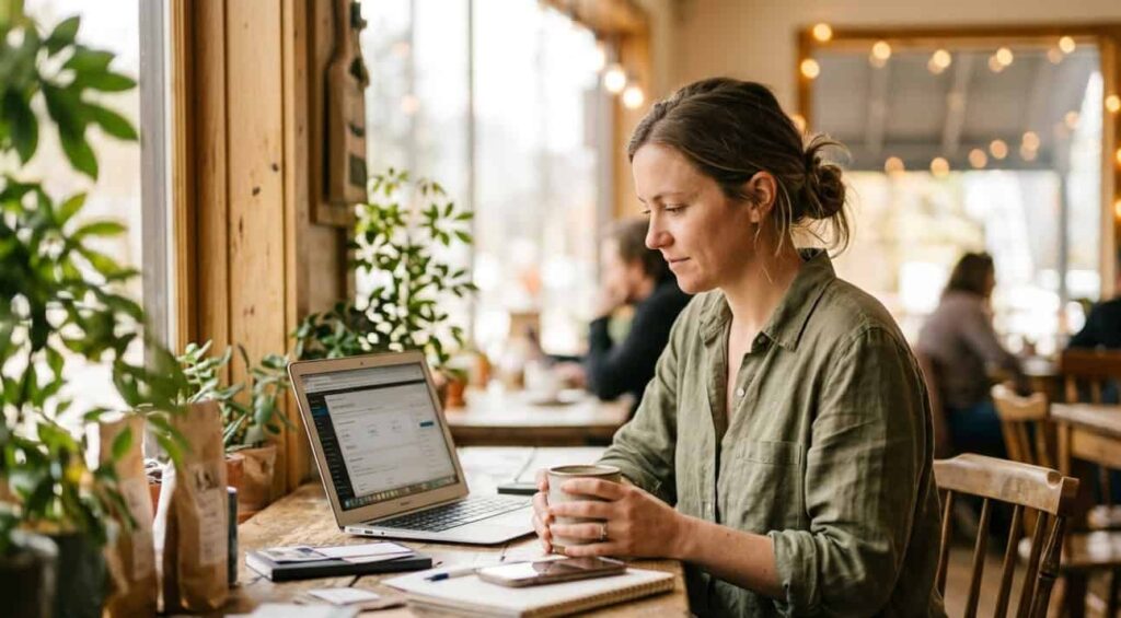 En företagare sitter på ett café och granskar sin företagswebbplats på en bärbar dator medan hon håller en kaffekopp, med anteckningar och en smartphone på bordet.