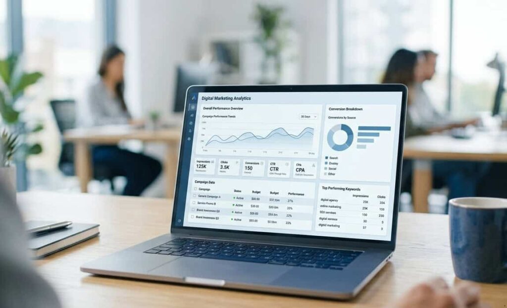 Laptop displaying a digital marketing analytics dashboard in a modern office workspace.