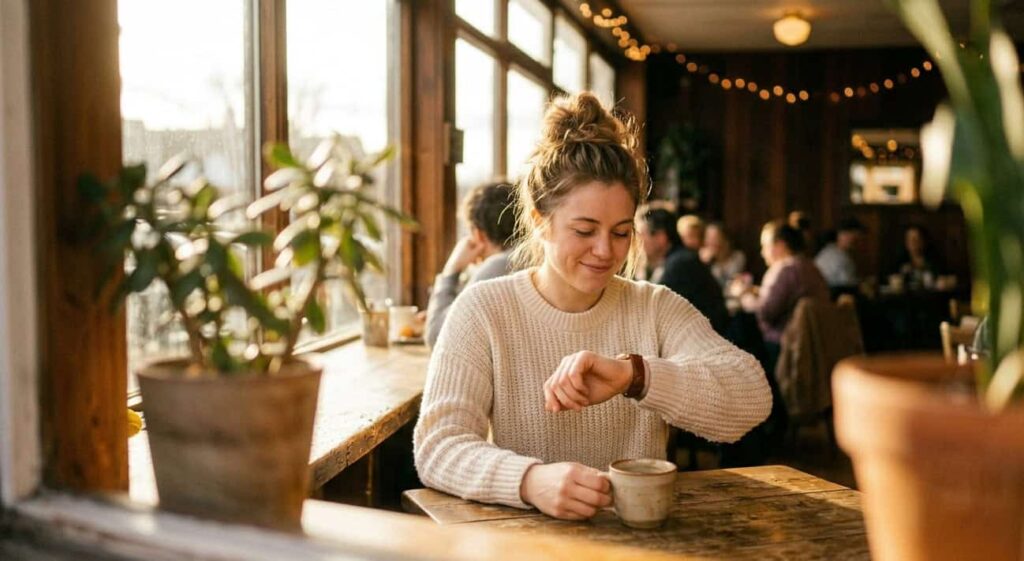 Kvinna som tittar på sin klocka på ett kafé medan hon håller en kopp kaffe, vilket symboliserar hur snabbt första intryck skapas.
