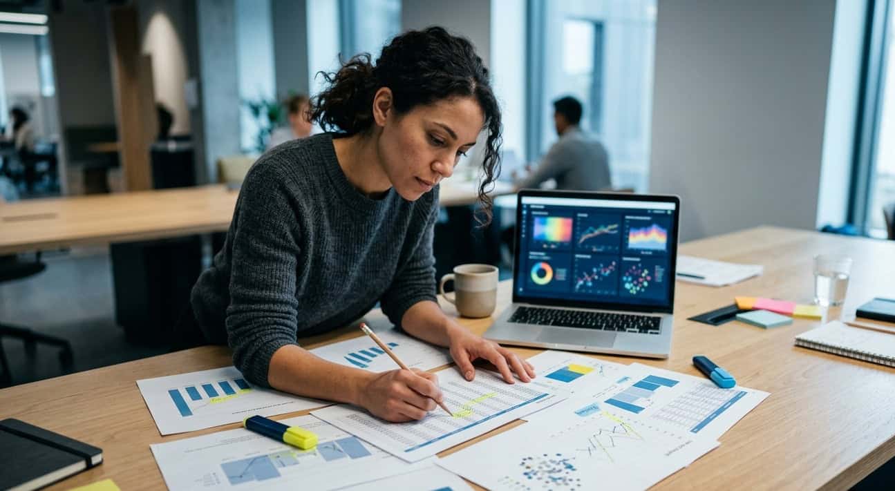 Analytiker granskar diagram, anteckningar och data på en laptop under en AI-synlighetsanalys.
