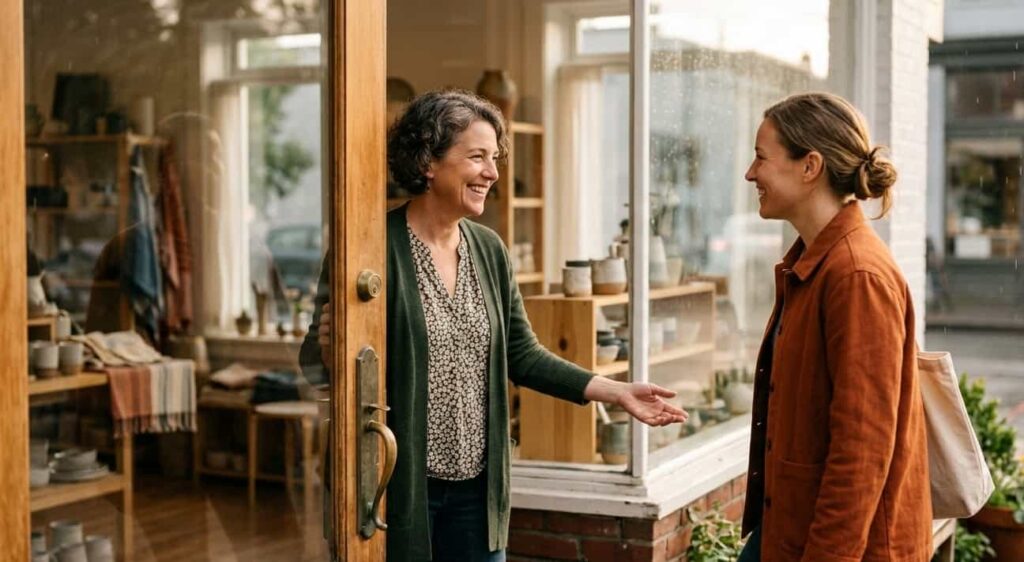 Business owner greeting a customer warmly inside a local shop, representing credibility and trust.