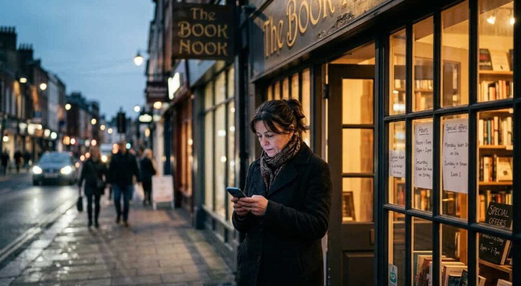 Business owner standing outside a lit shop at dusk while checking a phone, representing AI search visibility.