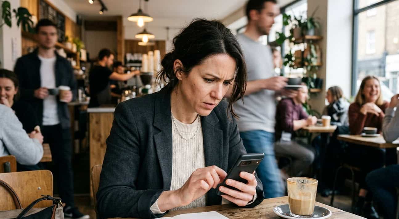 Business owner reviewing a website on a phone in a busy café, representing website speed and user experience.