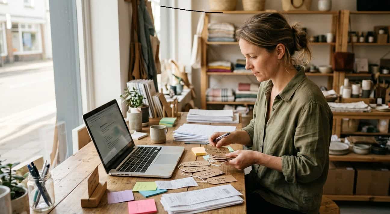 Företagare arbetar vid en laptop med anteckningar och etiketter, som visar strukturerad information för sökmotorer.