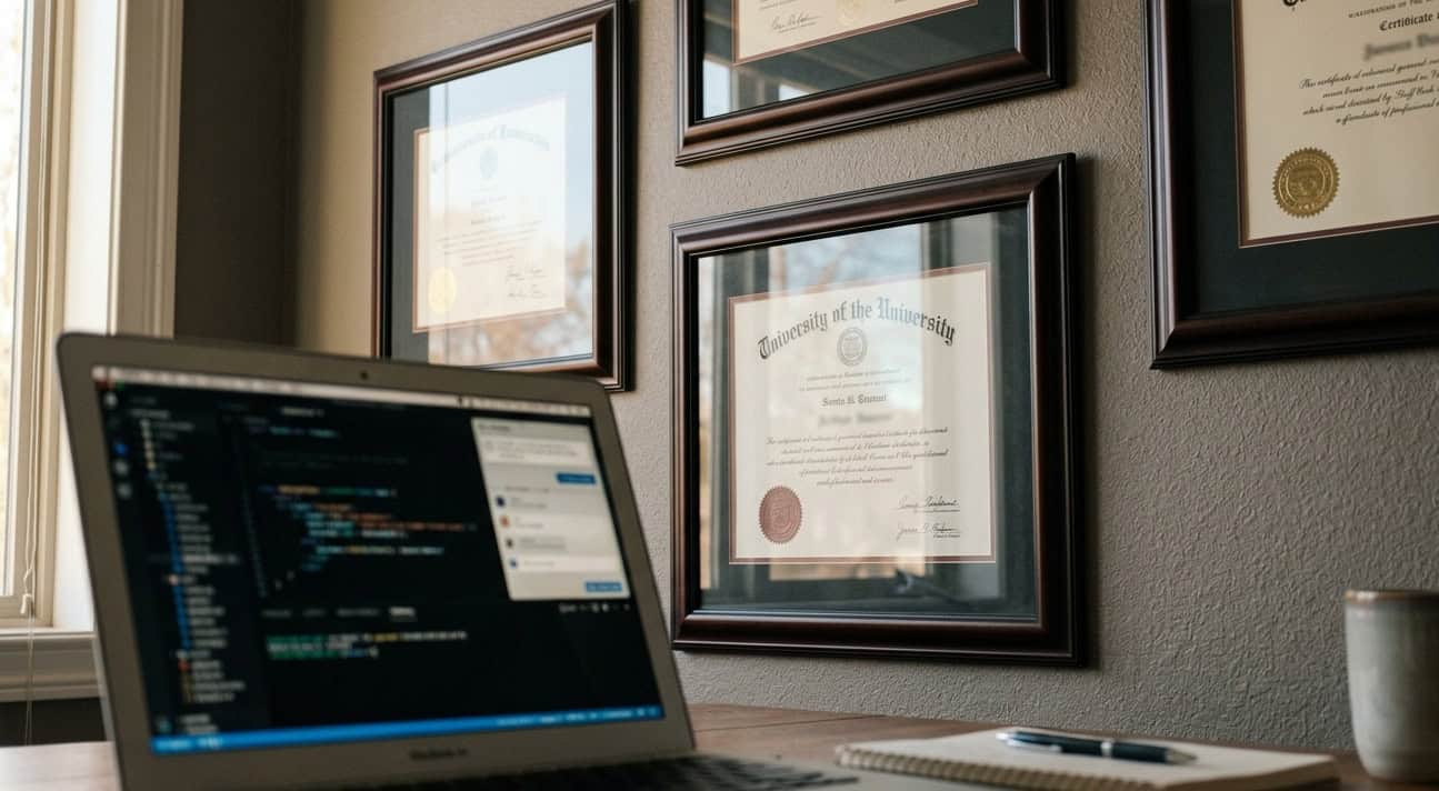 Laptop in front of framed certificates on an office wall, representing credentials that are difficult for machines to read.