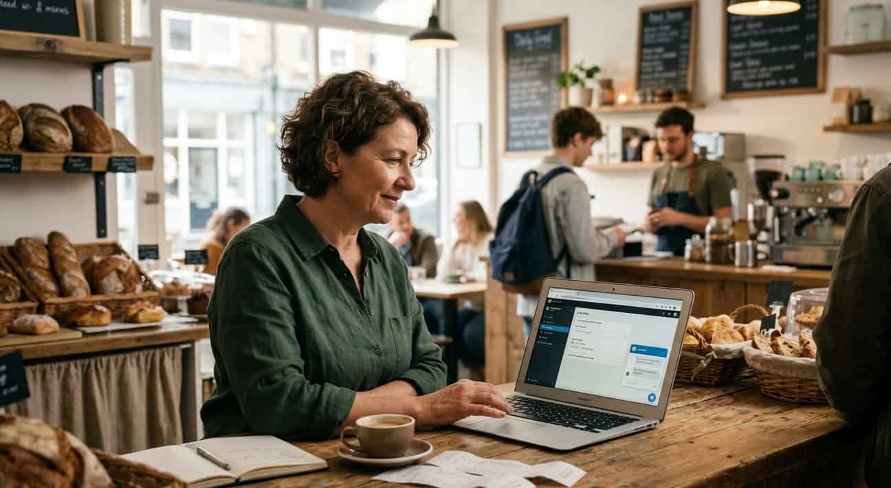 Business owner in a bakery café using a laptop to manage a website chat while customers are served in the background.