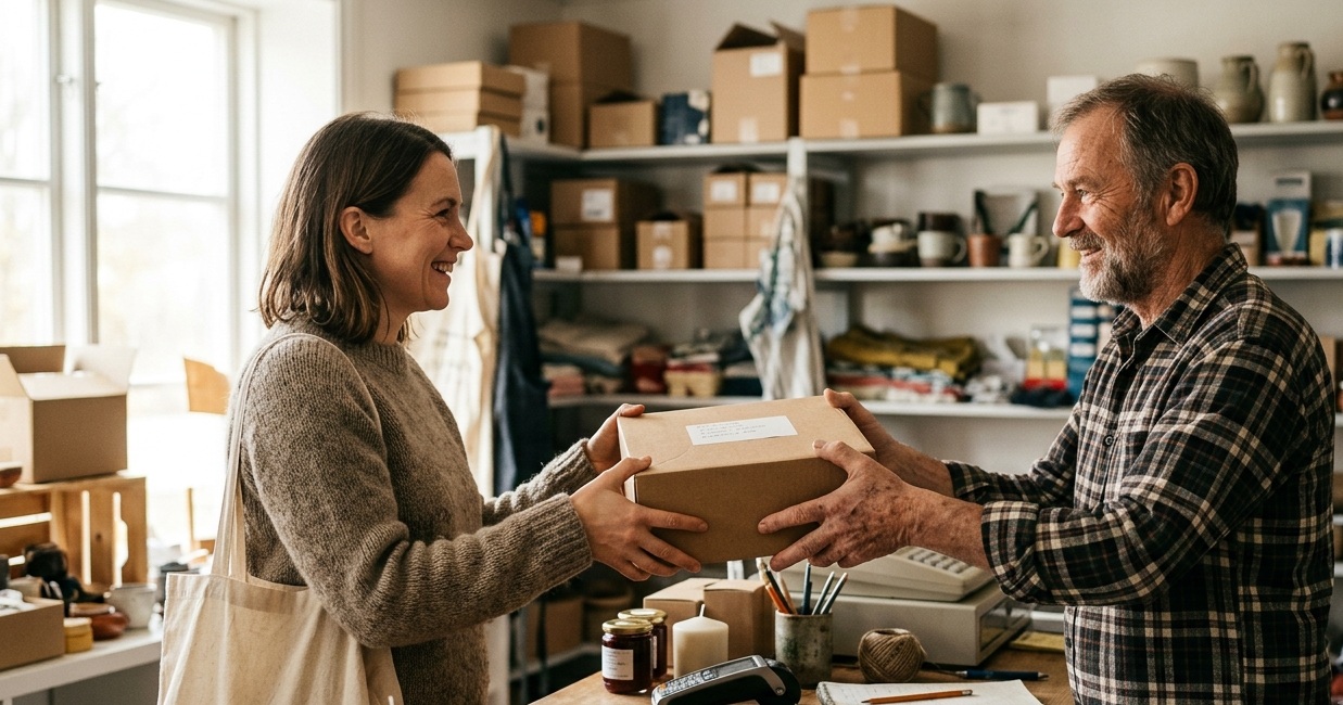 Kvinna lämnar tillbaka ett paket till en butiksägare i en butik med hyllor i bakgrunden