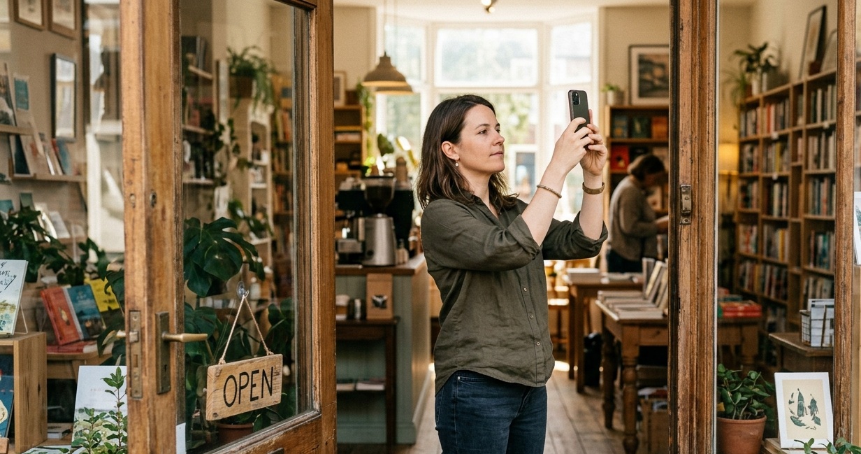 Woman standing in her shop doorway photographing the interior with her phone