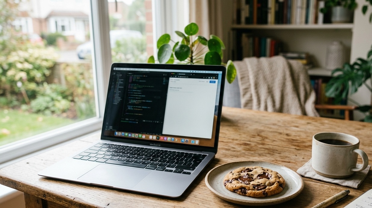 Laptop showing code on the screen next to a cookie and a cup of coffee on a wooden desk