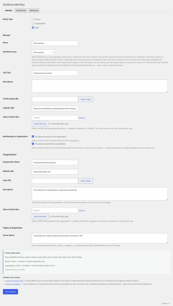 Inställningar i Monprez Schema Identity, fliken Identity: uppgifter om person och organisation, länkat WordPress-konto, profil-URL:er och expertområden.