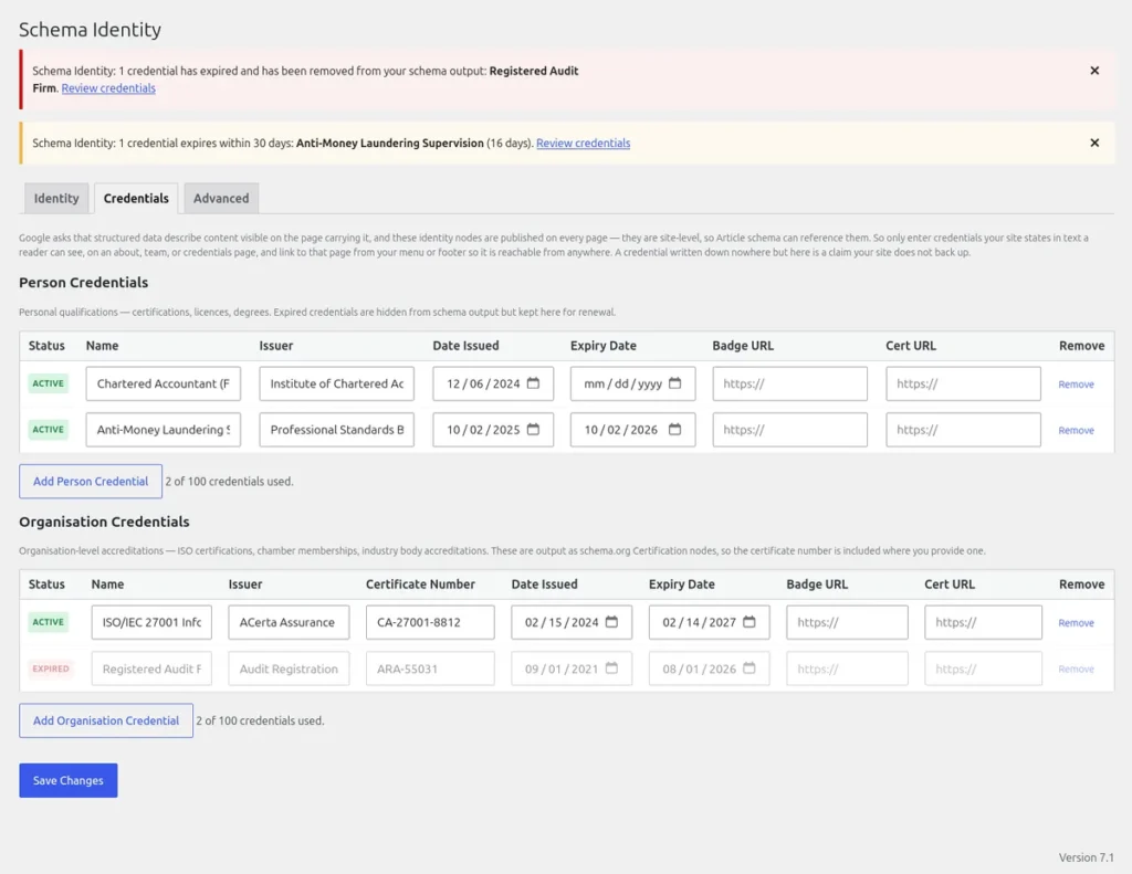 Inställningar i Monprez Schema Identity, fliken Credentials: kvalifikationer och ackrediteringar med utfärdare, datum och certifikatnummer, med notiser om utgång överst.