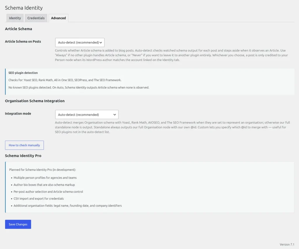 Inställningar i Monprez Schema Identity, fliken Advanced: hantering av artikel-schema, identifierade SEO-plugins och status för sammanslagning av Organisation.
