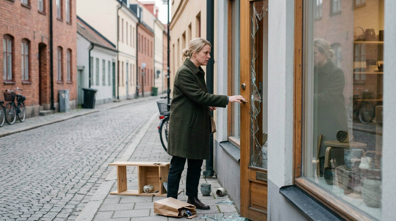 Kvinna står utanför en butik och undersöker en skadad glasdörr