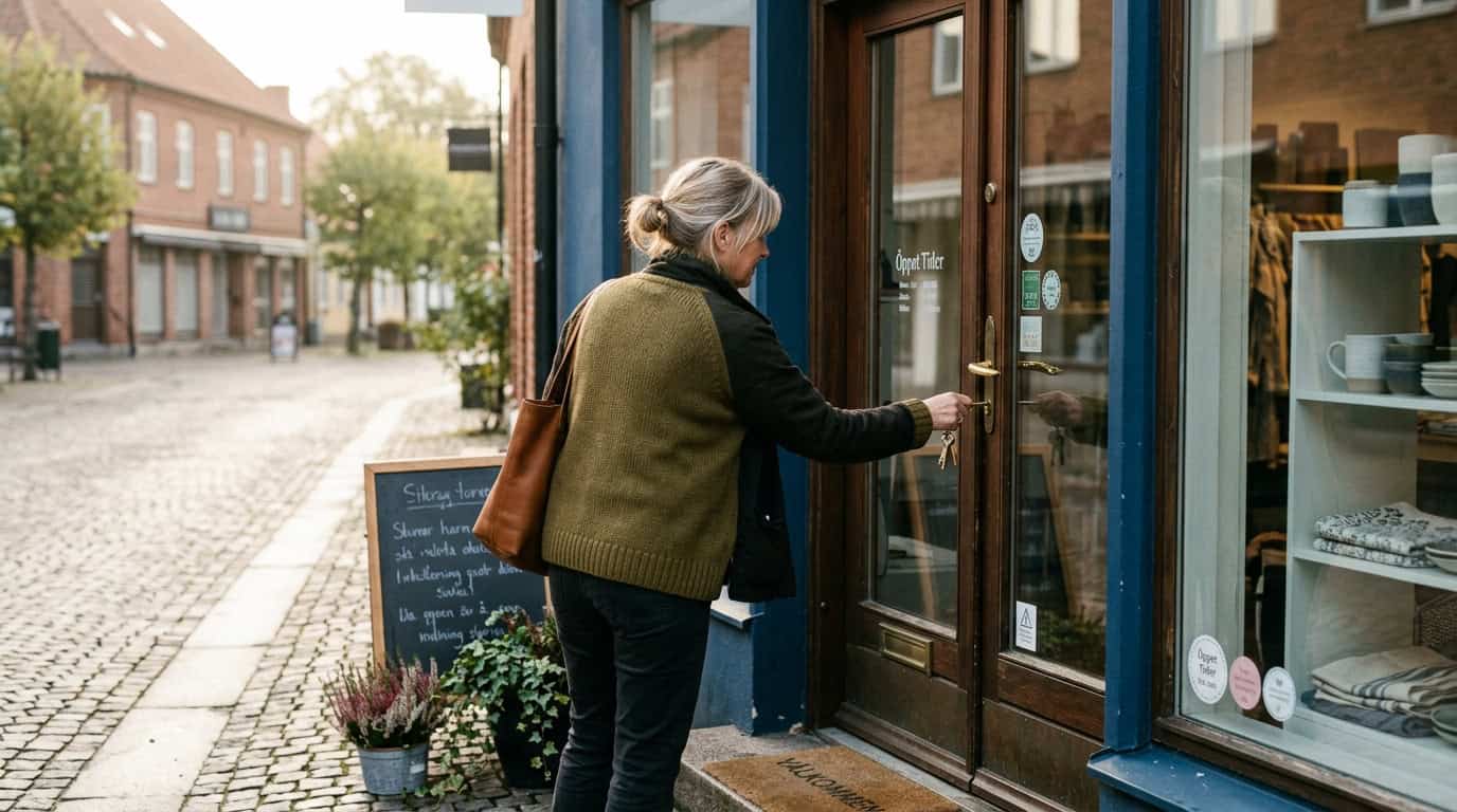 Kvinna låser upp dörren till en liten butik på morgonen