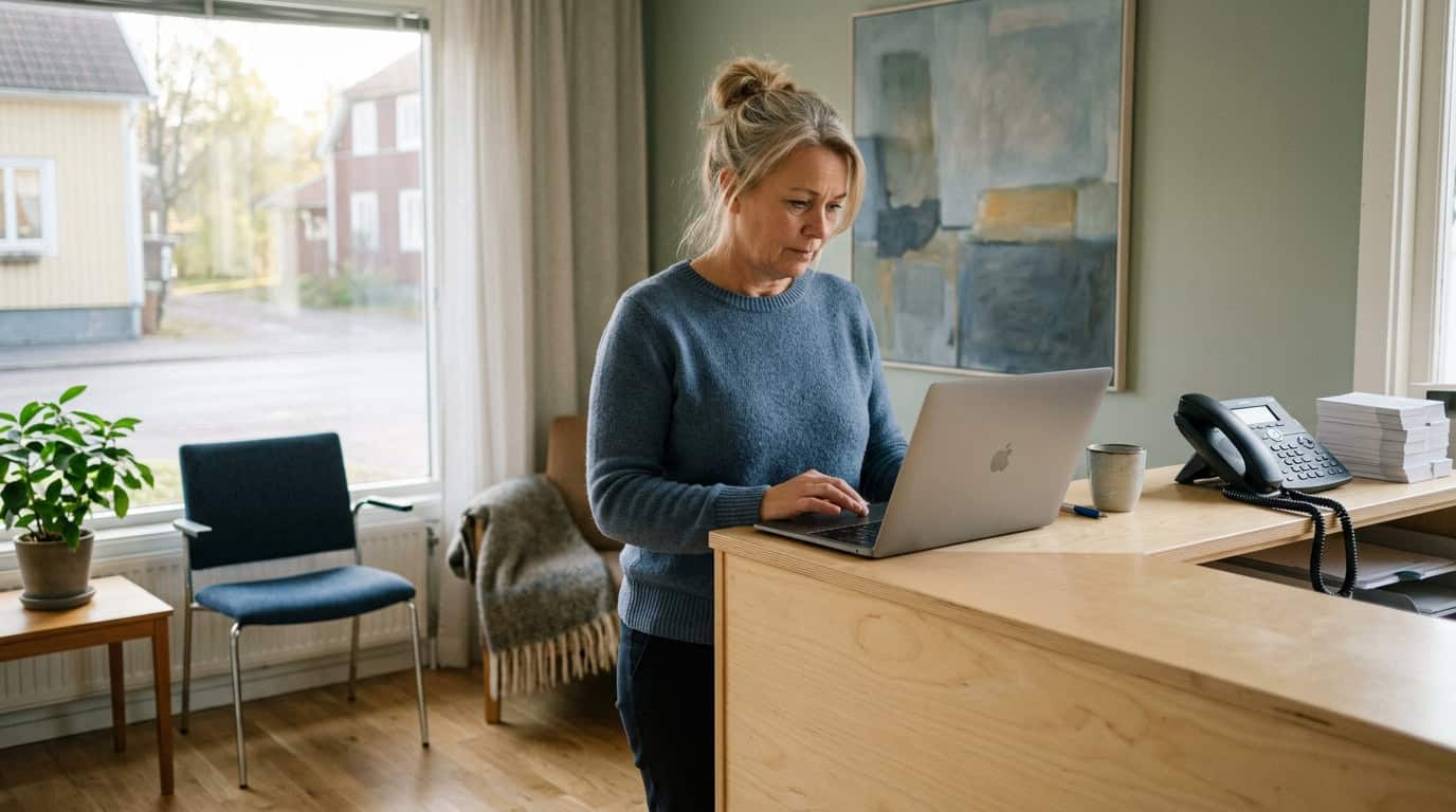 Woman working on a laptop behind the reception desk of a small business