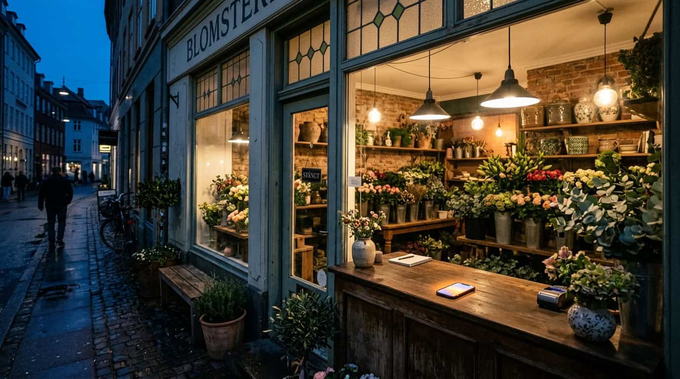 Upplyst blomsterbutik i skymningen med en mobiltelefon på disken och en lugn gata utanför.