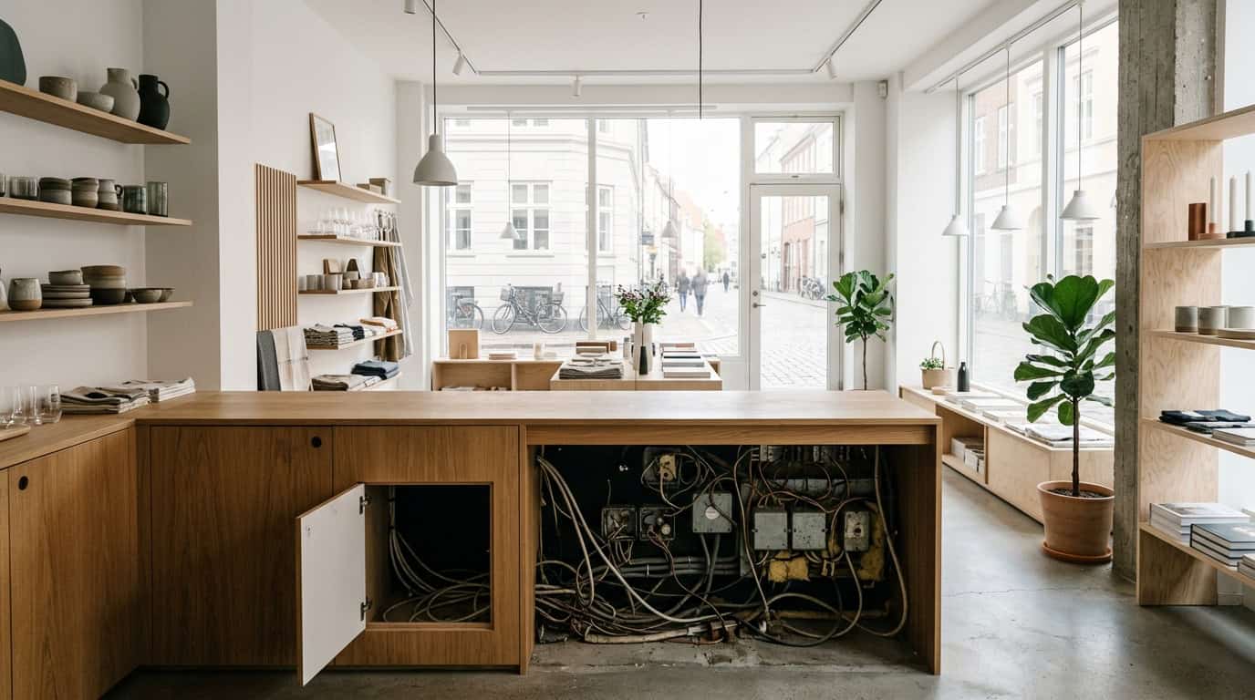 Modern butik med en öppen panel under disken som avslöjar gamla elinstallationer och kablar bakom den välskötta inredningen.